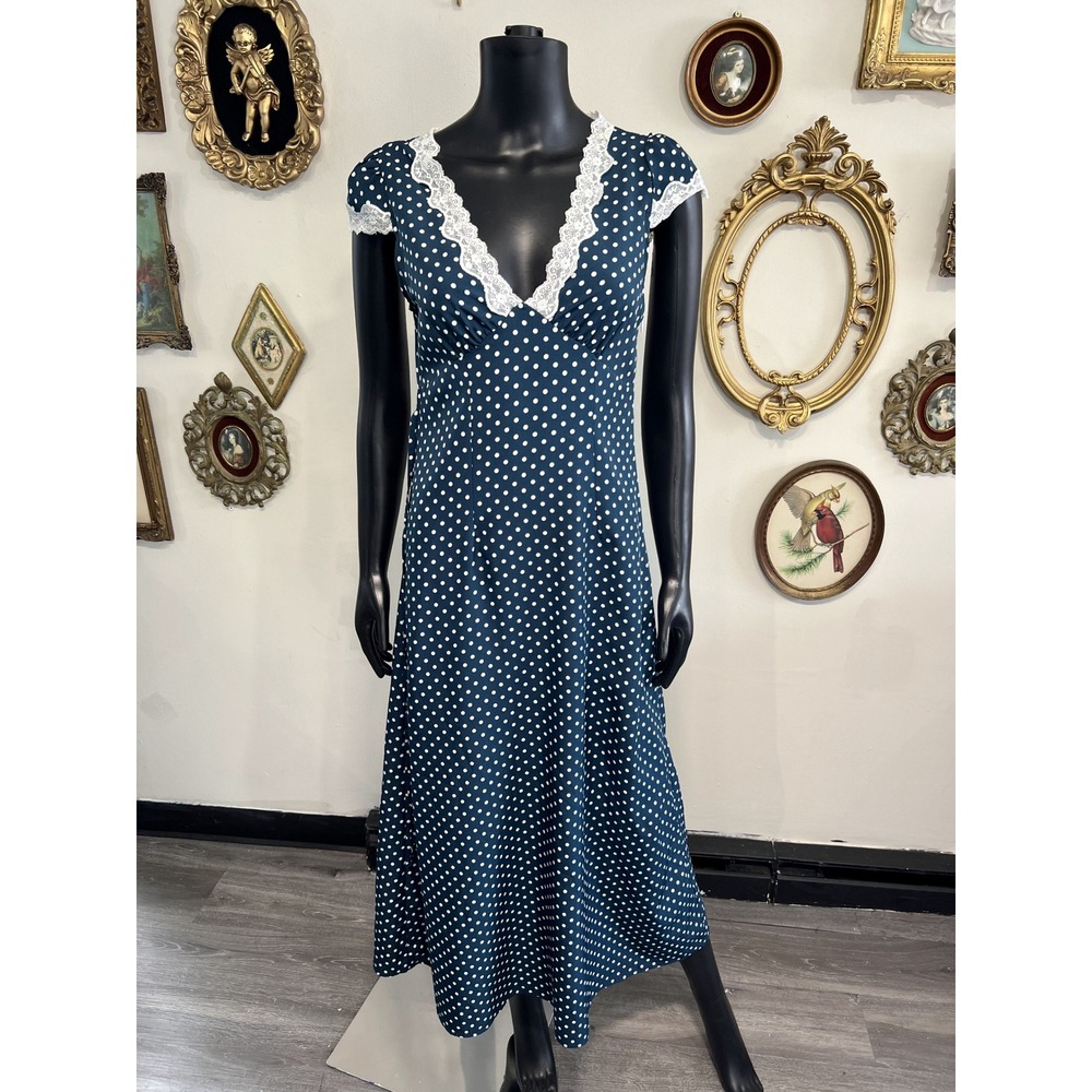 Rihoas Navy Blue Polka Dot Lace Trim Midi Dress Size S